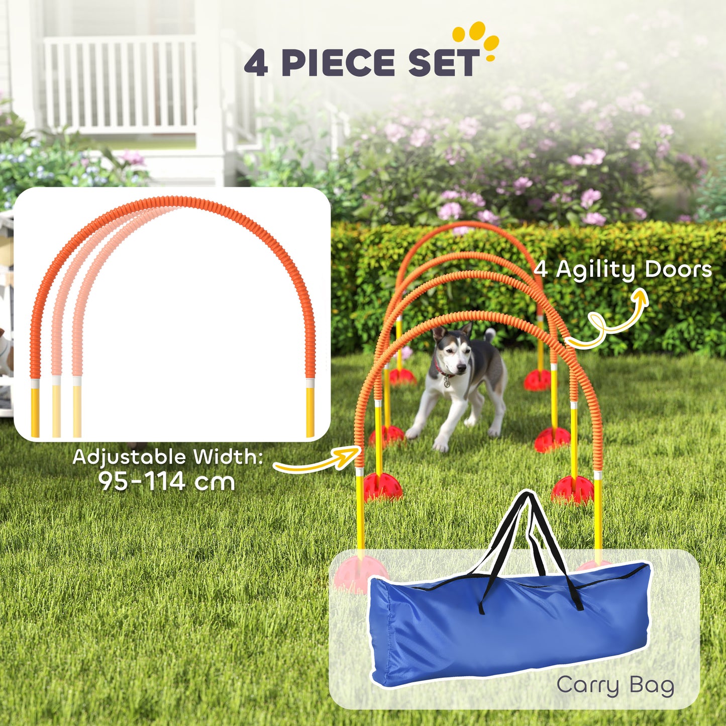 PawHut 4-Piece Dog Agility Training Equipment with 4 Adjustable Width Doors, Bag, for Garden, Orange