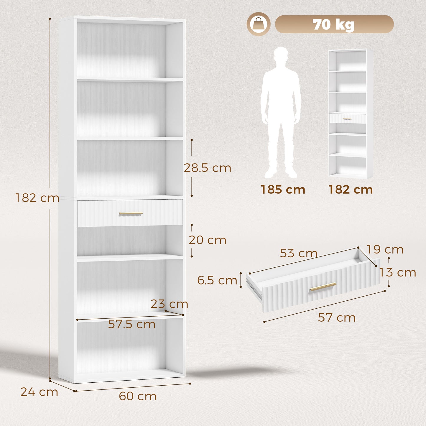 HOMCOM Bookcase Narrow Tall Space-Saving Bookshelf Drawer Open Shelves 60 x 24 x 182 cm White