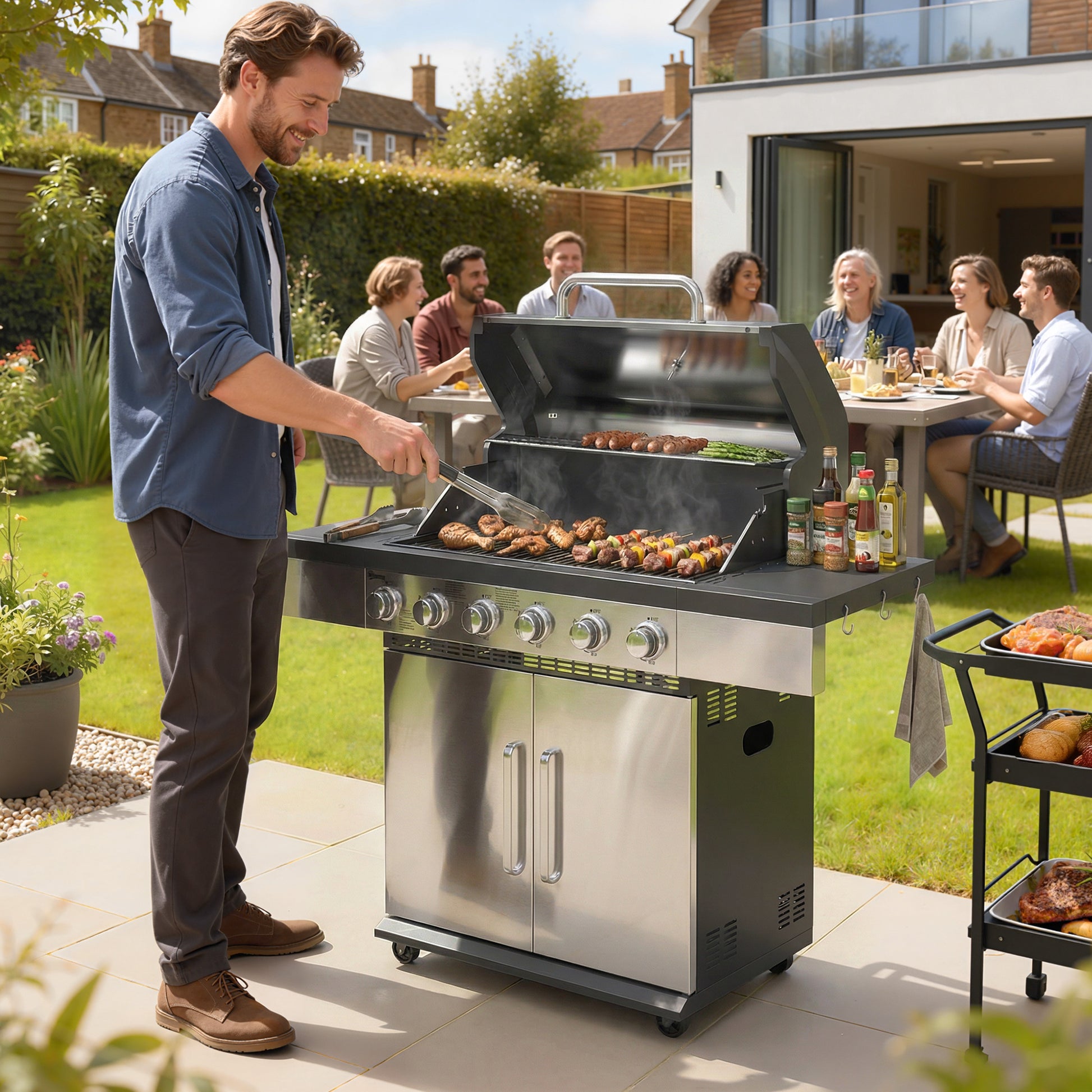 Outsunny 6 Burner Liquid Propane Gas BBQ Grill, Outdoor Portable Gas Barbecue Grill with Warming Rack, Side Tables, Cabinet