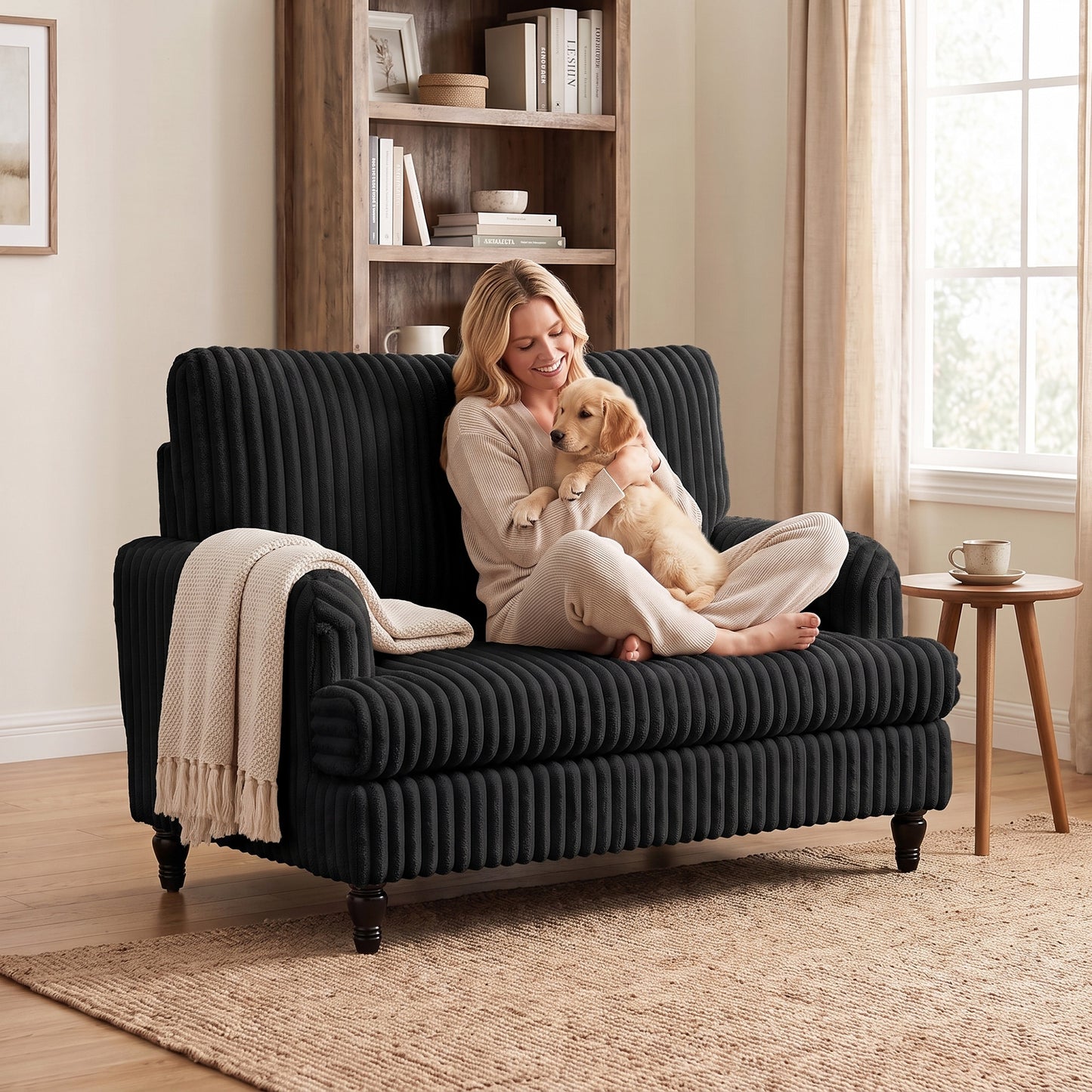 HOMCOM Corduroy Single Sofa Armchair, Modern Accent Chair with Stripes, Turned Legs and Wide Seat, Black