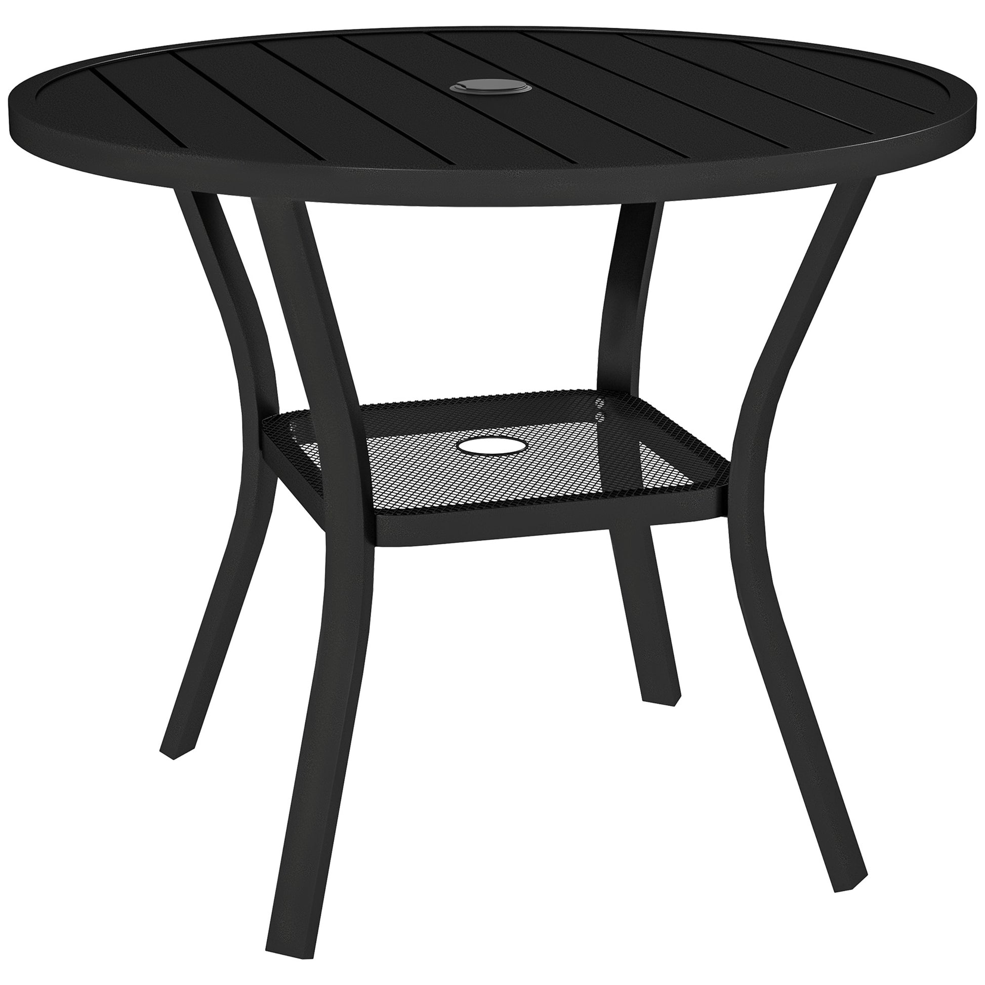 Outsunny 90 cm Garden Dining Table with 4-5 cm Parasol Hole, Round Outdoor Dining Table, Steel Garden Table with Slatted Metal Top and Wire Shelf for Balcony, Porch, Black Default Title