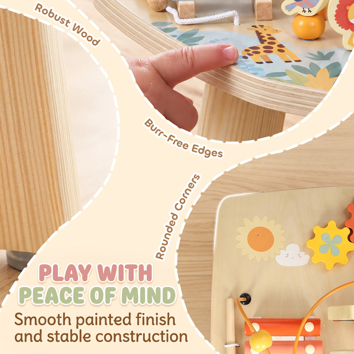 AIYAPLAY Wooden Baby Activity Table, 6 In 1 Montessori Learning Table with Bead Maze, Shape Sorter and Xylophone for 18M-3Y
