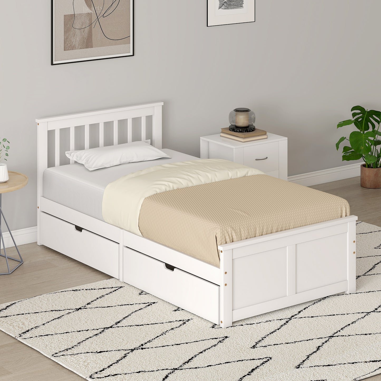 HOMCOM Wooden Single Bed Frame, with Drawers - White