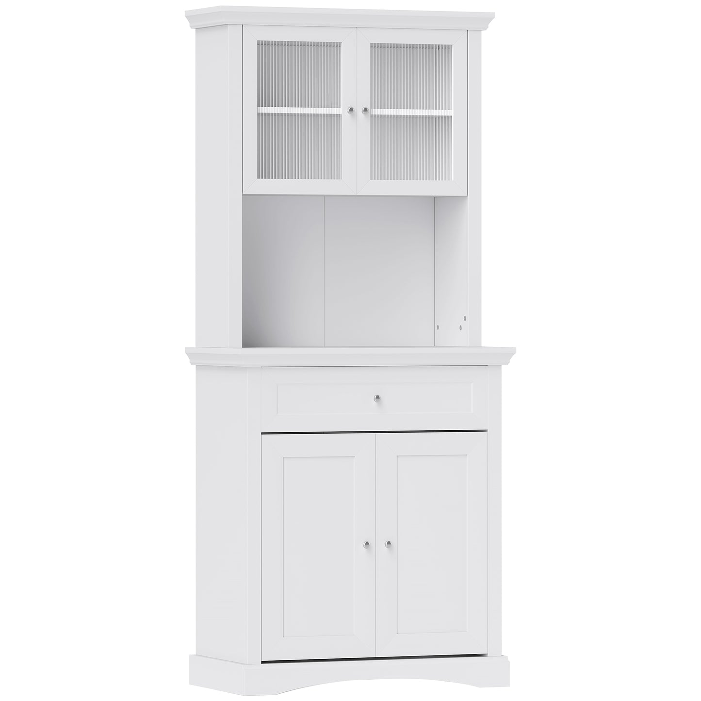 HOMCOM 4-Door Kitchen Cupboard with Drawer, Freestanding Kitchen Cabinet with Glass Doors, Adjustable Shelves and Open Counter, White