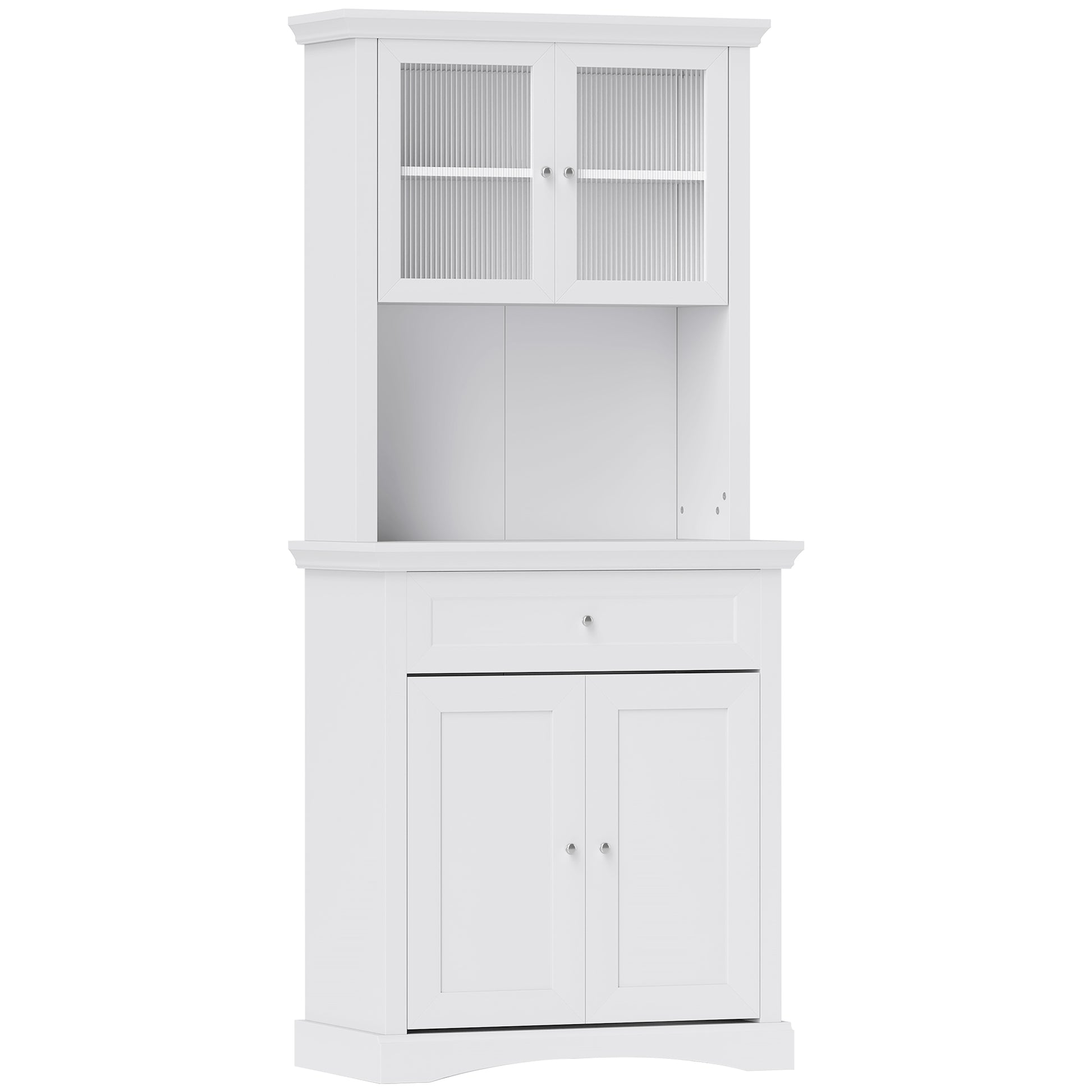 HOMCOM 4-Door Kitchen Cupboard with Drawer, Freestanding Kitchen Cabinet with Glass Doors, Adjustable Shelves and Open Counter, White
