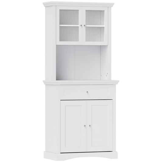 HOMCOM 4-Door Kitchen Cupboard with Drawer, Freestanding Kitchen Cabinet with Glass Doors, Adjustable Shelves and Open Counter, White