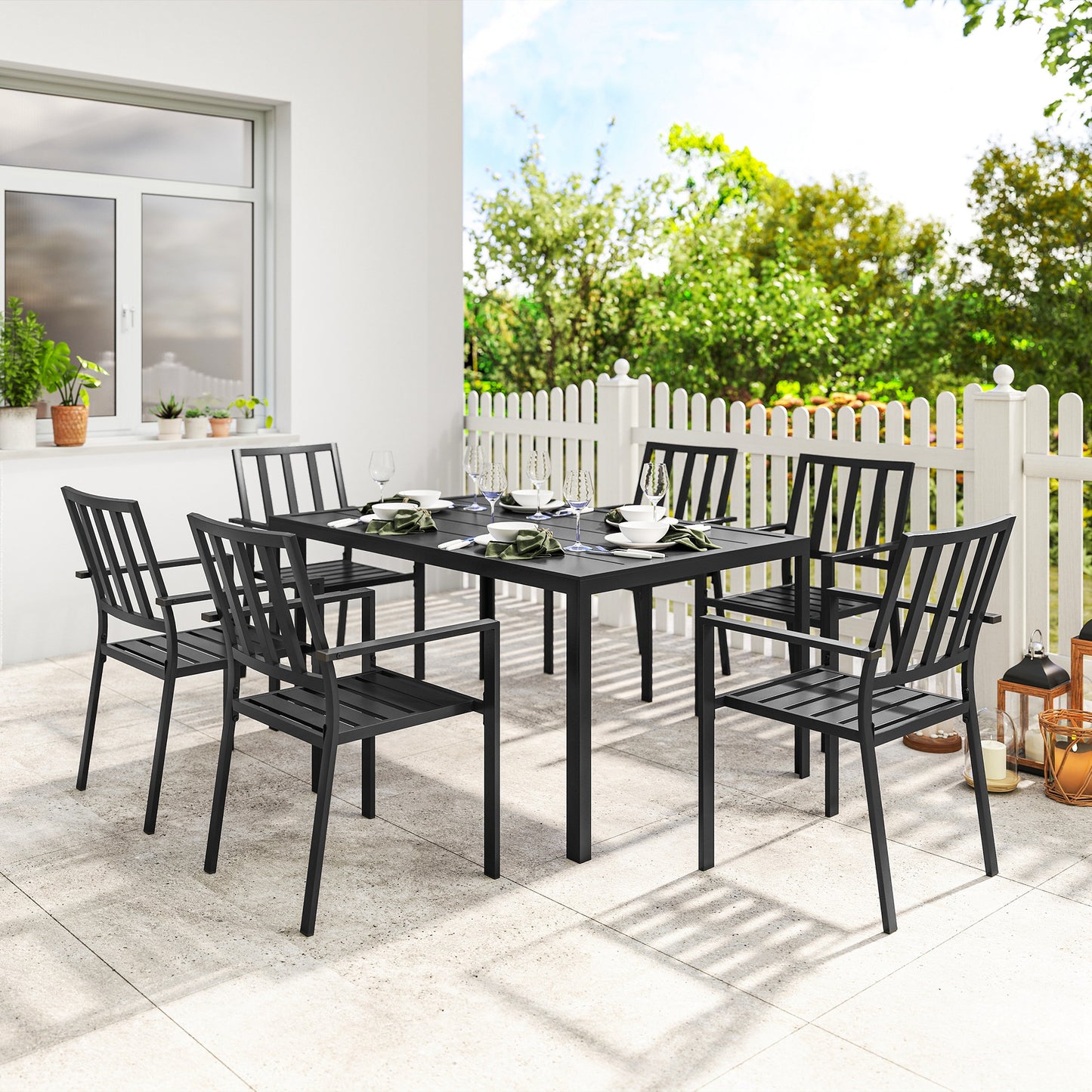 Outsunny Seven-Piece Minimal Metal Garden Dining Set, with Parasol Hole - Black