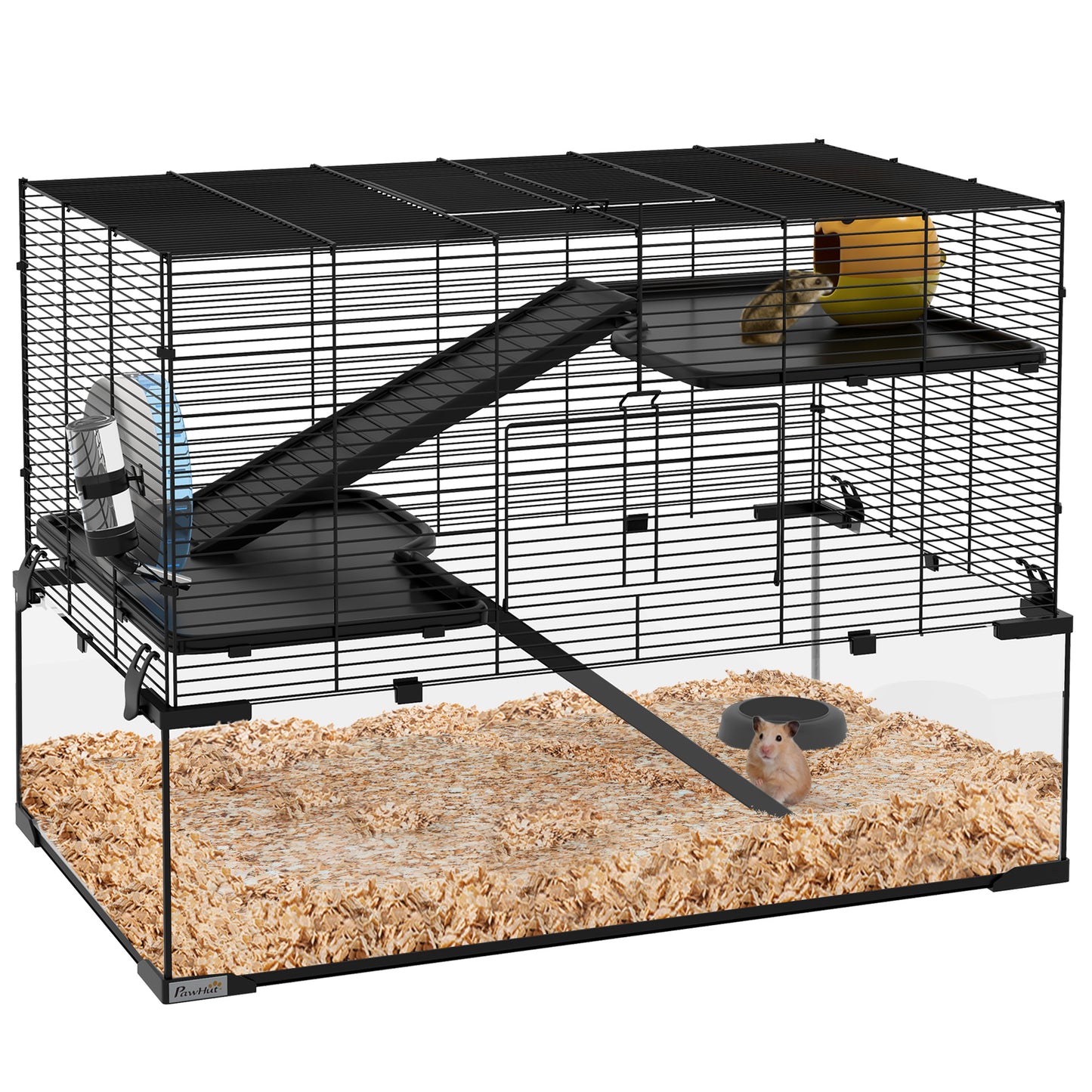PawHut 3 Tiers Hamster Cage, Gerbil Cage with Deep Glass Bottom, Non-Slip Ramps, Platforms, Hut, Exercise Wheels, Water Bottle, Dish, for Syrian Hamster, Dwarf Hamster, 76.5 x 48.5 x 54.5cm