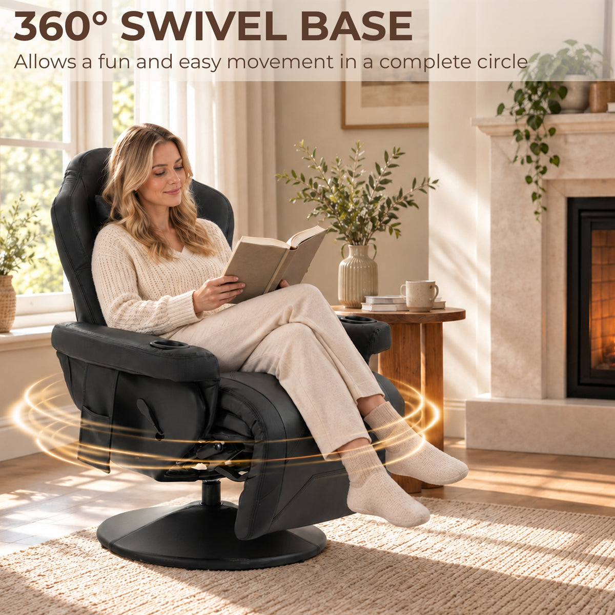HOMCOM Manual Recliner Armchair PU Leather Lounge Chair w/ Adjustable Leg Rest, 135Â° Reclining Function, 360Â° Swivel, Black