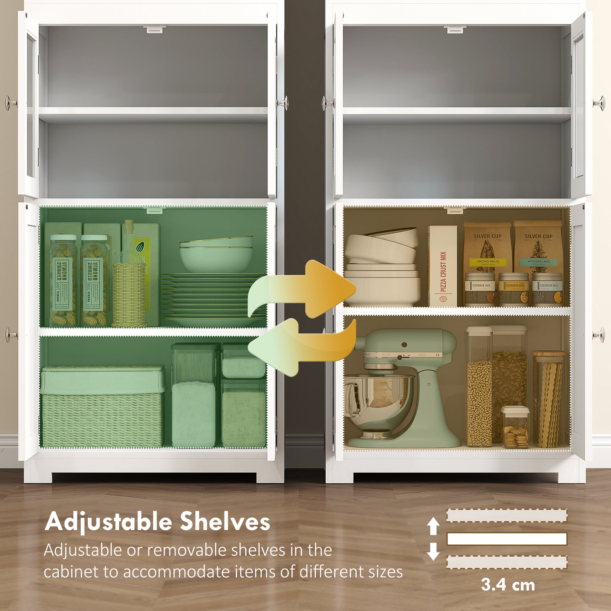 HOMCOM Freestanding Kitchen Cupboard, 4-Door Storage Cabinet with Adjustable Shelf and Glass Doors for Dining Room, Living Room, White