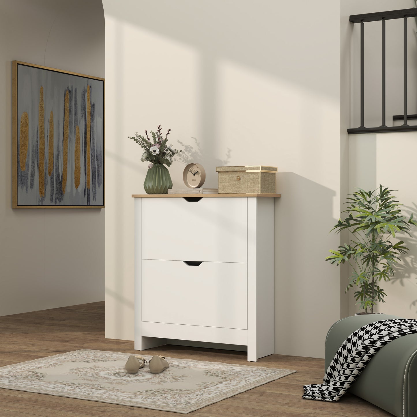 HOMCOM Slim Shoe Cabinet, Narrow Shoe Cupboard with 2 Flip Drawers, Adjustable Shelves for 12 Pairs of Shoes, High Gloss White