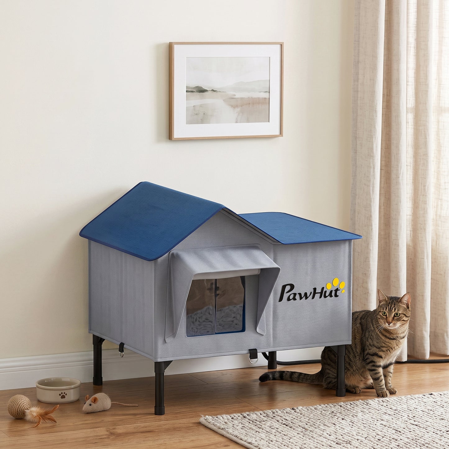 PawHut Heated Cat House Weatherproof w/ Heating Pad, Elevated Base, Escape Door, Cat Winter Shelter for Stray, Barn Cats