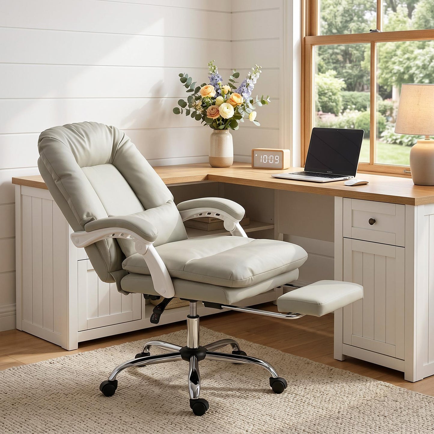 HOMCOM Ergonomic Executive Office Chair, Velvet Reclining Desk Chair with Lumbar Support, Footrest, Plush Thick Cushion, Khaki