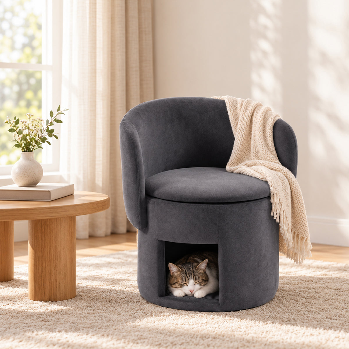 HOMCOM Cat-Scratch Fabric Upholstered Accent Chair with Cat Condo, Fold-Down Backrest, Lift-Up Seat Lid for Bedroom, Dark Grey