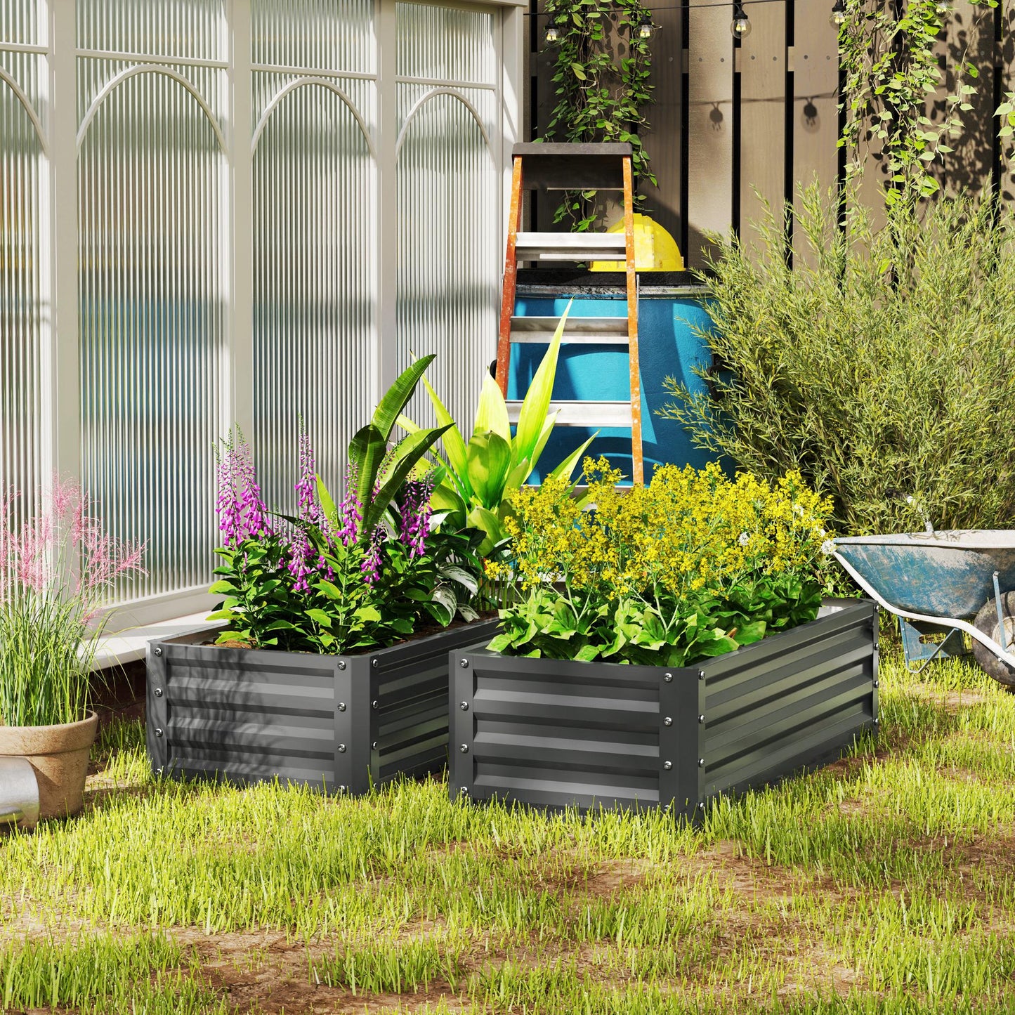 Outsunny Set of Two 110 x 50cm Steel Planter Boxes - Light Grey
