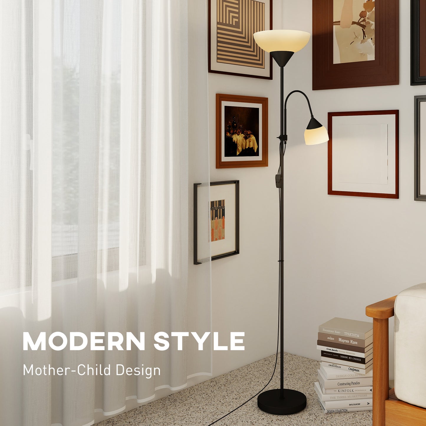 HOMCOM LED Floor Lamp for Living Room, 180cm Tall Standing Lamp, Mother and Child Uplighter with Adjustable Gooseneck, 3000K/4500K/6500K Colour Temperatures, Black