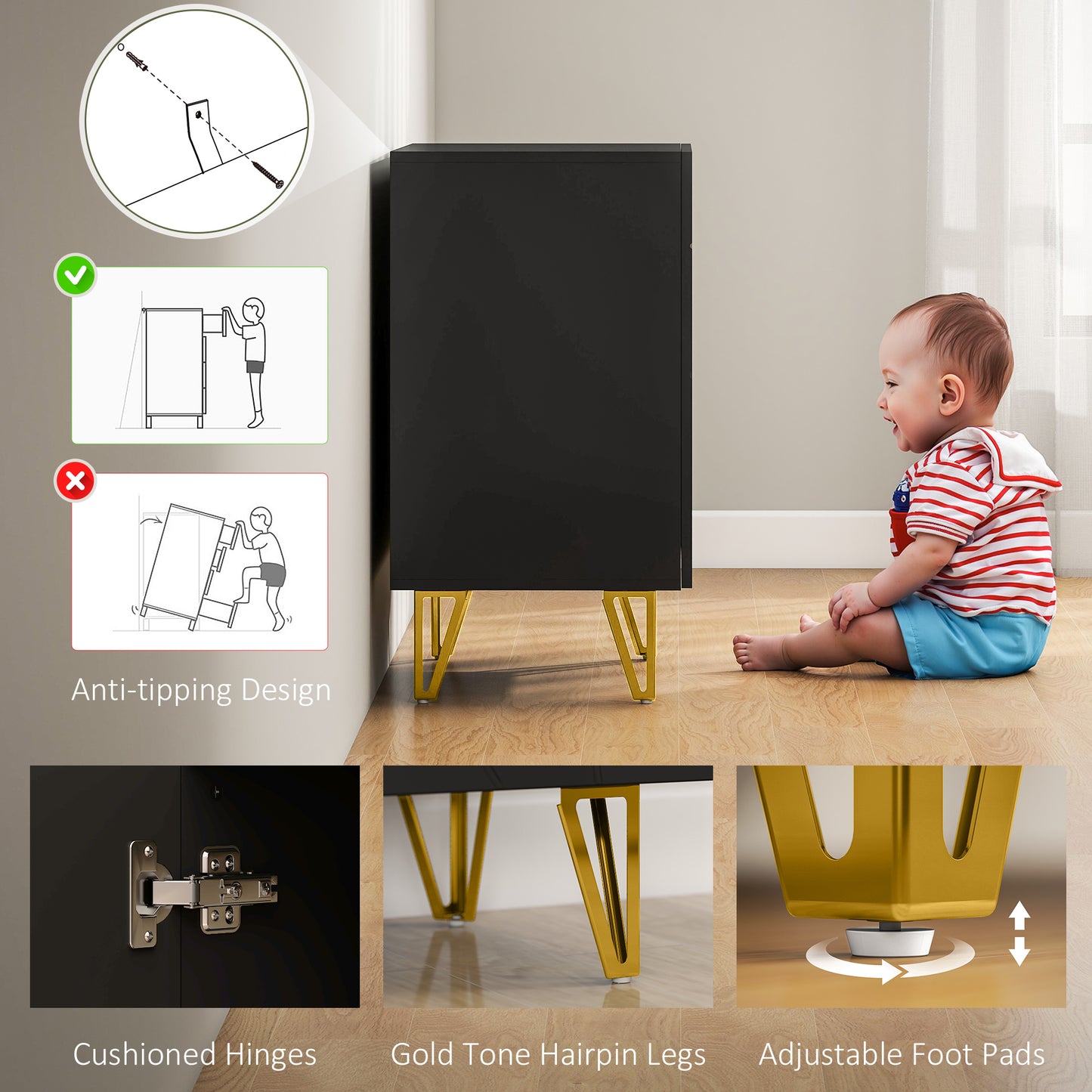 HOMCOM Modern Luxe High Gloss Sideboard, with Hairpin Legs - Black