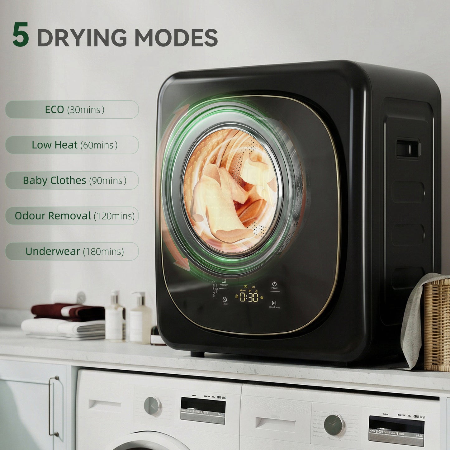 HOMCOM 4kg Vented Tumble Dryer with 5 Drying Mode, 800W Compact Freestanding Front Tumble Dryer Black