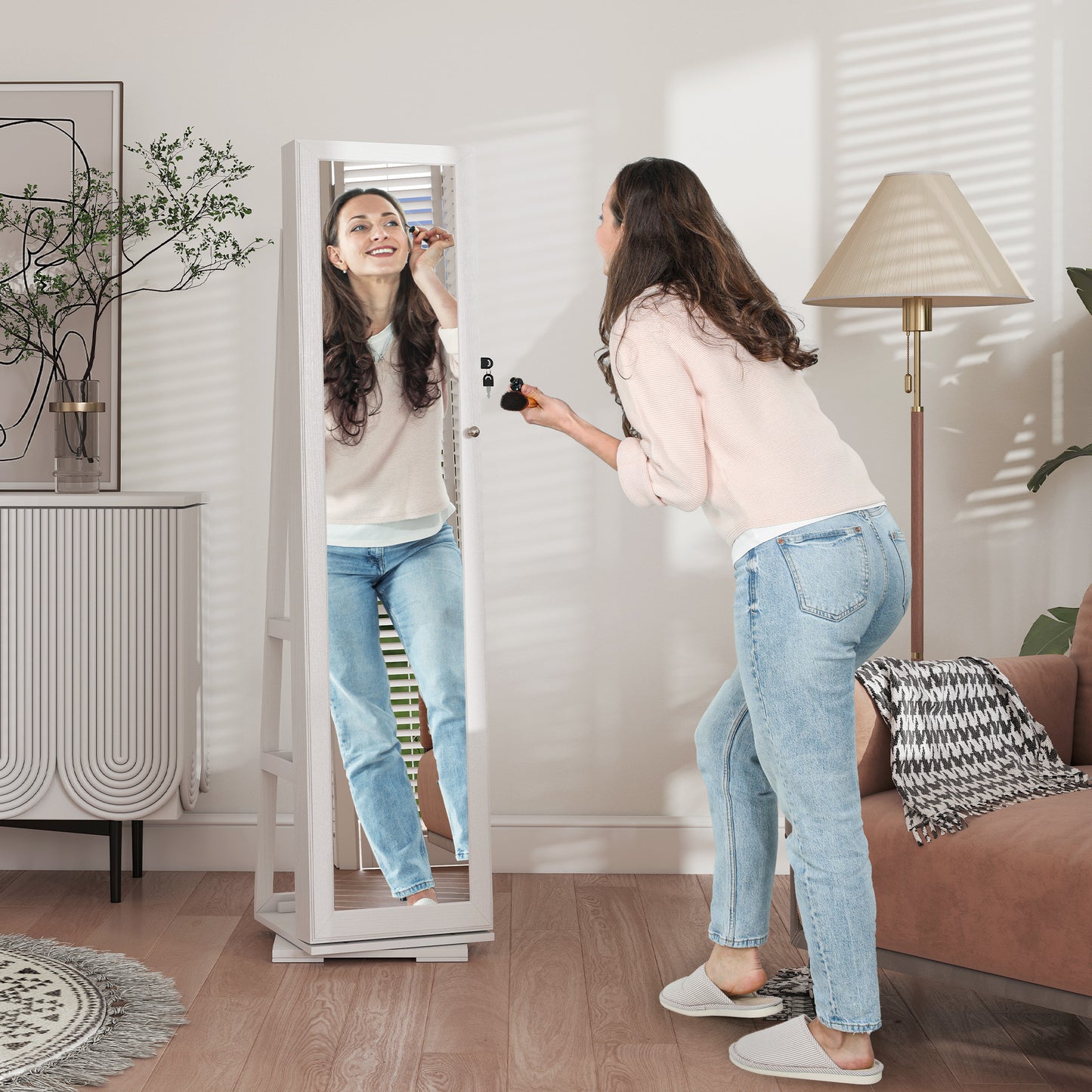 HOMCOM 360Â° Swivel Jewellery Cabinet, Free Standing Full Length Mirror with Storage, Lockable Jewellery Organiser with Built-in Makeup Mirror and Storage Shelves for Bedroom, White