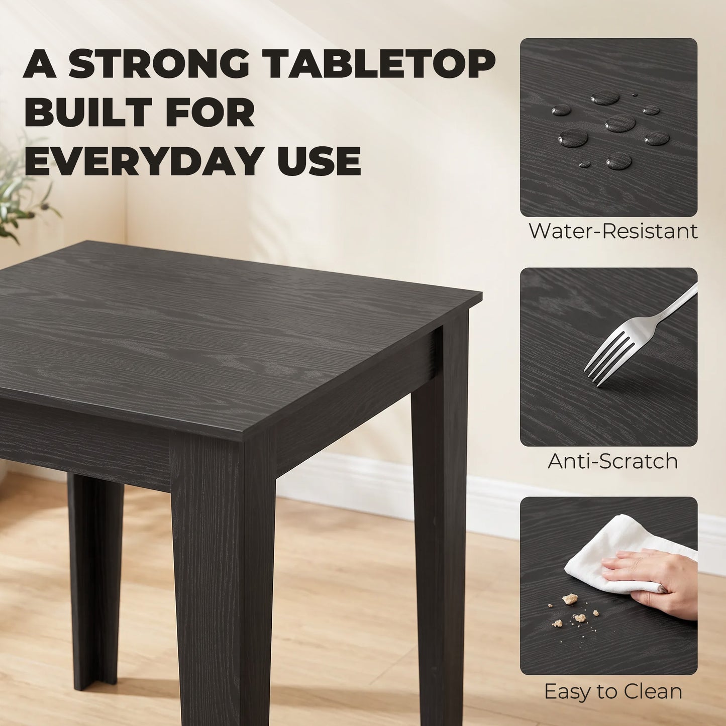 HOMCOM Dining Table for 4, 80L x 80W x 75Hcm, Modern Square Kitchen Table with Wood Effect Tabletop, Black Wood Effect