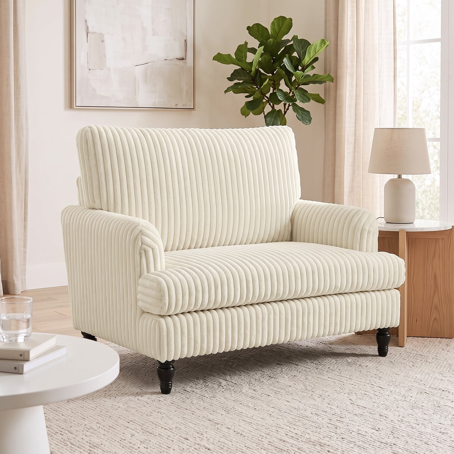 HOMCOM Corduroy Single Sofa Armchair, Modern Accent Chair with Stripes, Turned Legs and Wide Seat, Cream