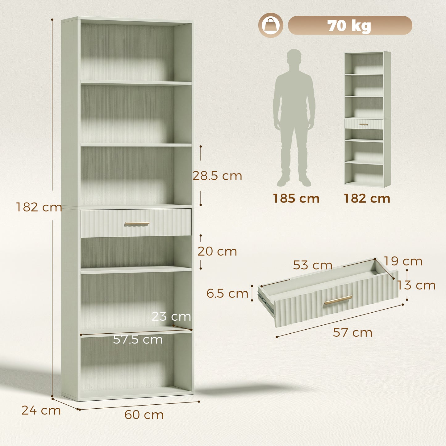 HOMCOM Bookcase Narrow Tall Space-Saving Bookshelf Drawer Open Shelves 60 x 24 x 182 cm Light Green