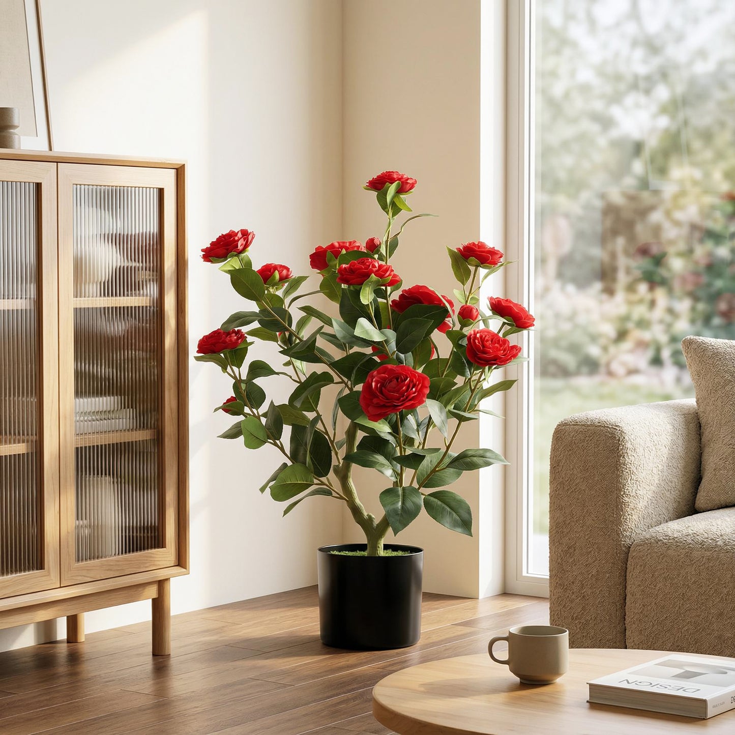 HOMCOM 65cm Artificial Camellia Flower Plant in Pot with 116 Lush Leaves & Moss Effect, Red