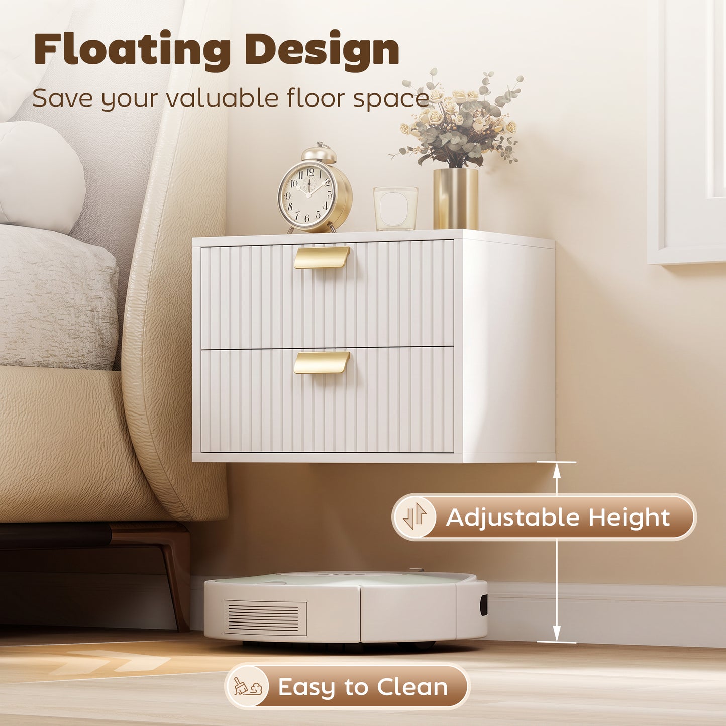 HOMCOM Modern Floating Nightstands Set of 2, Wall Mounted Bedside Tables with 2 Drawers, White
