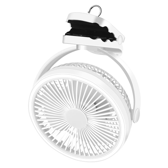 Battery Operated Clip on fan with Camping Lantern, 4 Speeds & Timer - white