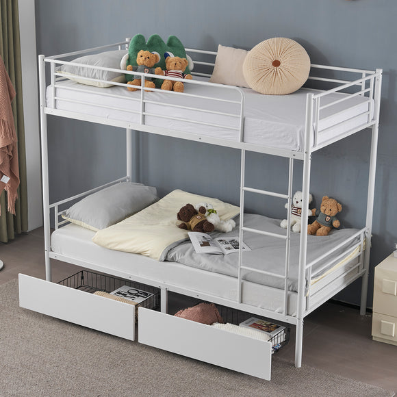 SALE Bunk Bed with Two Storage Drawers & Full-Length Guard Rail, Heavy Duty Metal Bunk Bed for Kids Teens Adults, White