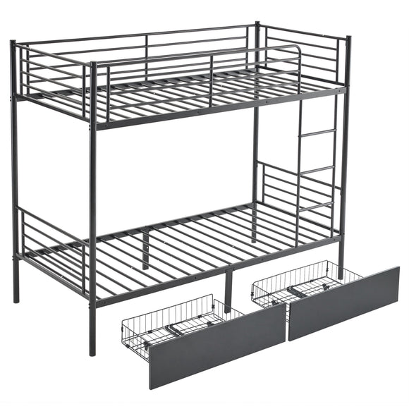 SALE Bunk Bed with Two Storage Drawers & Full-Length Guard Rail, Heavy Duty Metal Bunk Bed for Kids Teens Adults, Black
