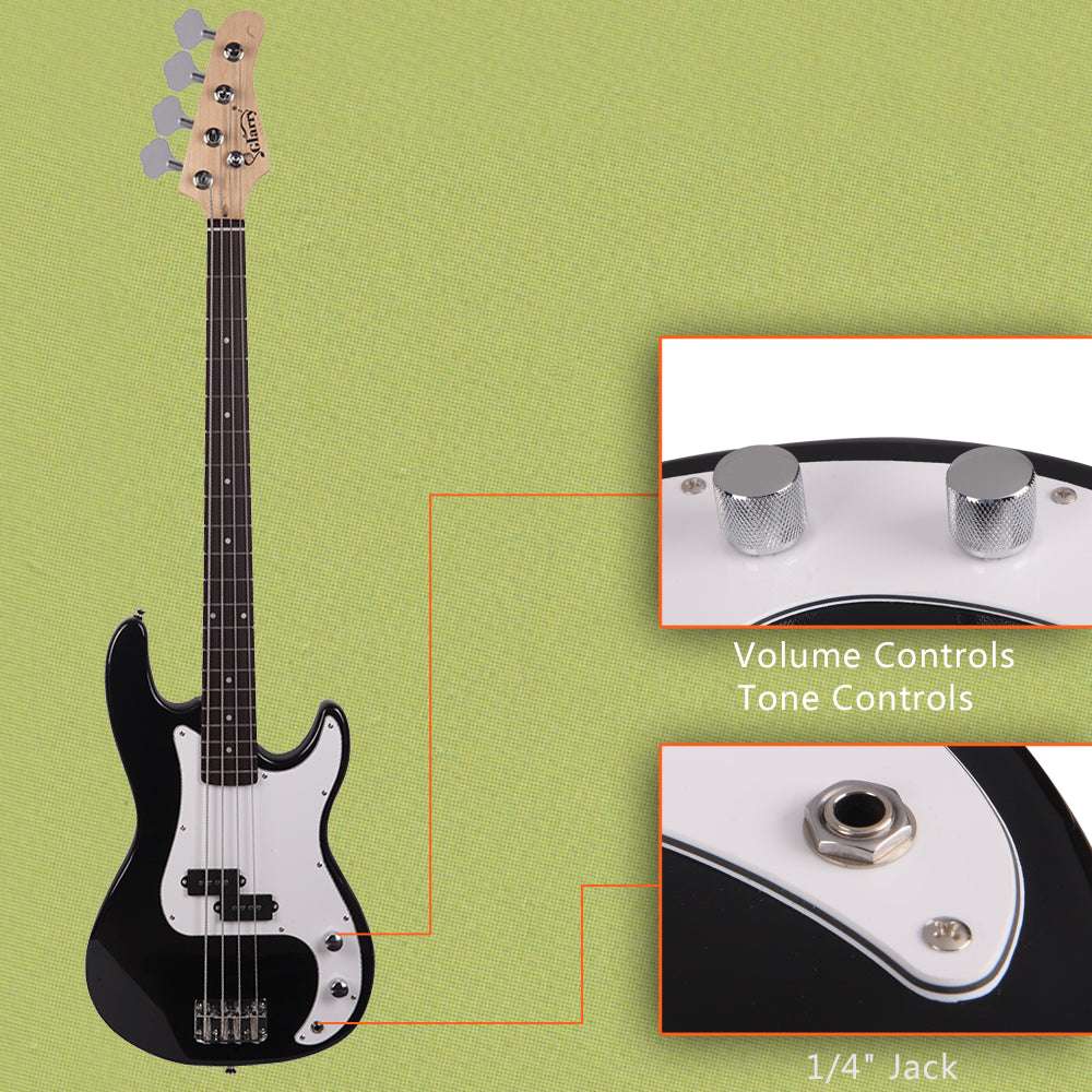 Glarry GP Electric Bass Guitar with Amp Bag Strap Tool - Black