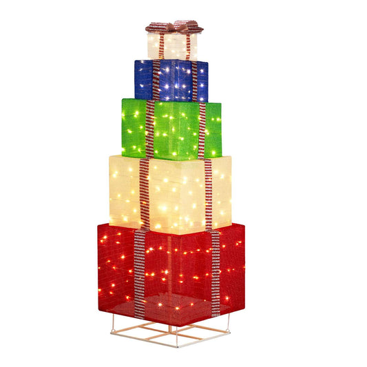 6FT Lighted Gift Box Tower, Pre-lit Pull Up Present Boxes with 200 LED Warm White Lights and Ropes Stakes for Christmas Outdoor Indoor Decorations Lighted Holiday Displays, Multicolor