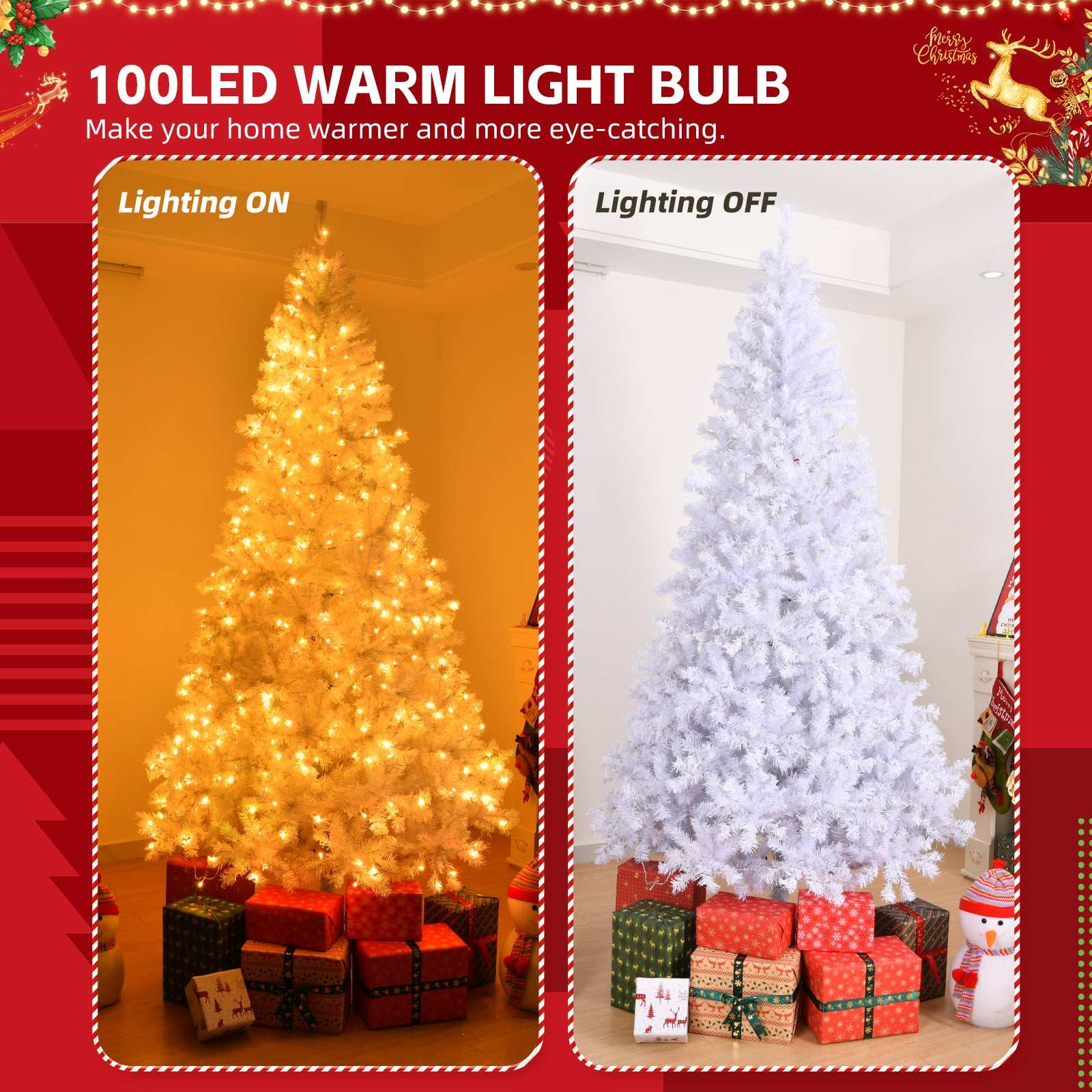 6 FT Artificial Christmas Tree with DIY 100 Warm Lights Battery Operated, 800 Branch Tips and Sturdy Metal Stand, White