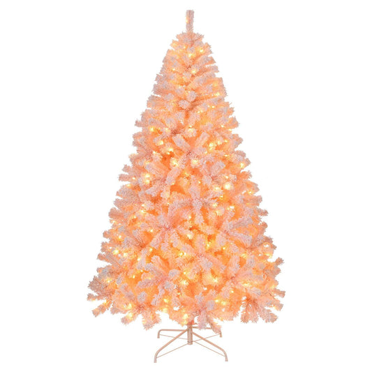 6 FT Artificial Christmas Tree with DIY 100 Warm Lights Battery Operated, 750 Branch Tips and Sturdy Metal Stand, Pink