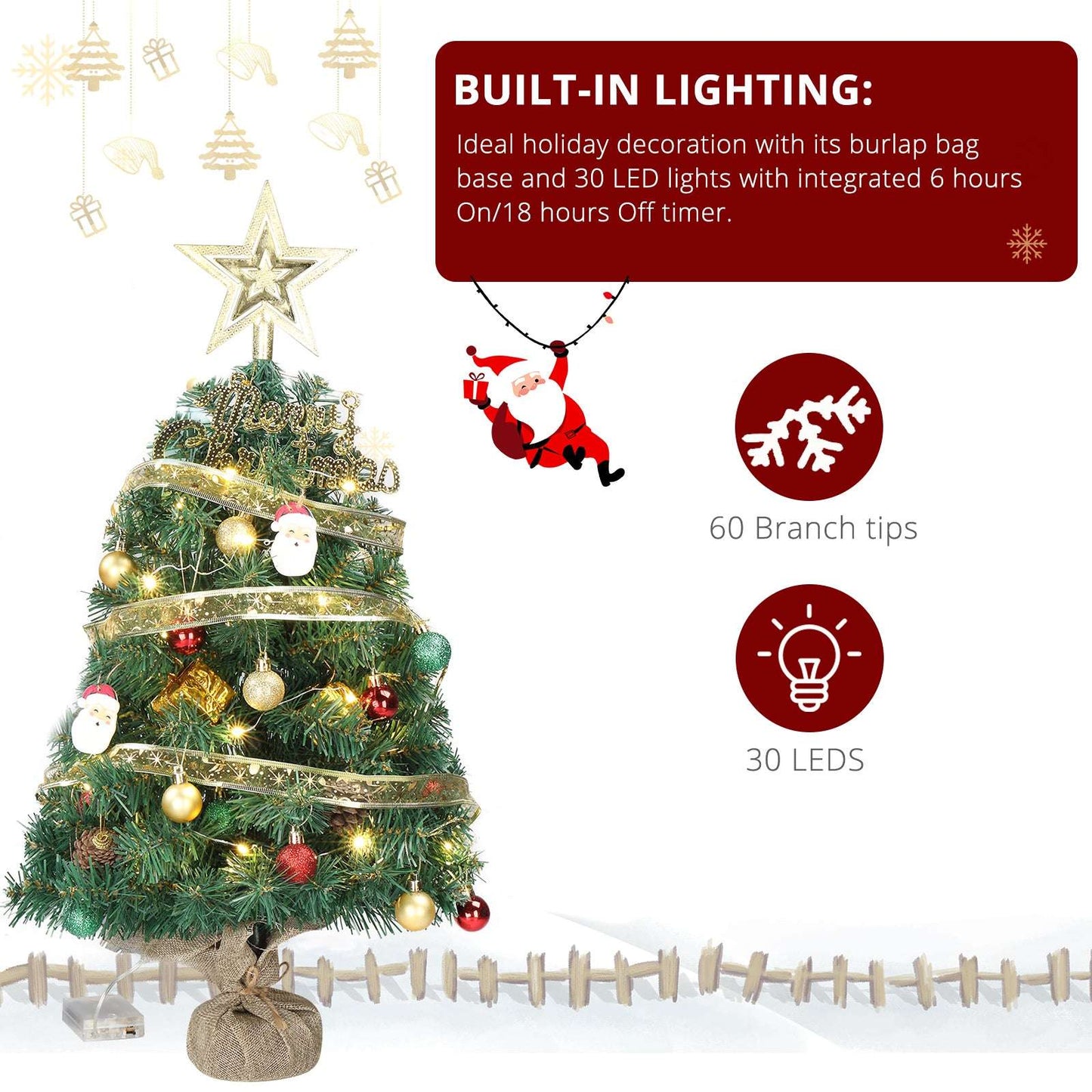24 in Pre-lit Artificial Mini Christmas Tree, Tabletop Small Xmas Pine Tree with Ornaments and 30 Warm Lights Battery Operated and Paper Wrapped Base for Home Office Store Holiday Deco, Green