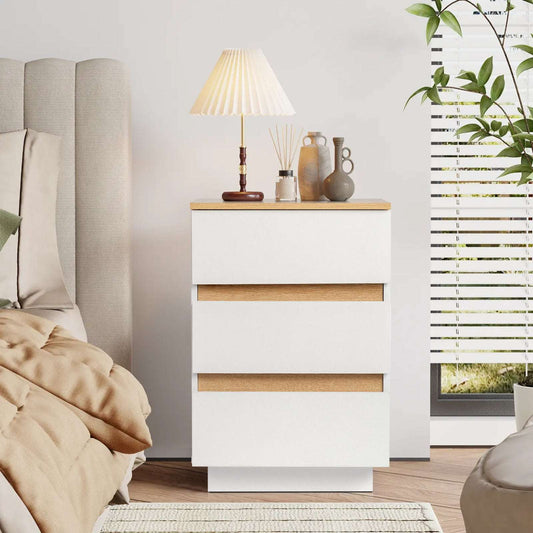 embossed white + embossed oak E1 particle board 12MM handle-free 38*32*56cm 3 drawers bedside table 1pc