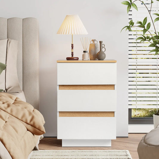 embossed white + embossed oak E1 particle board 12MM handle-free 38*32*56cm 3 drawers bedside table 1pc