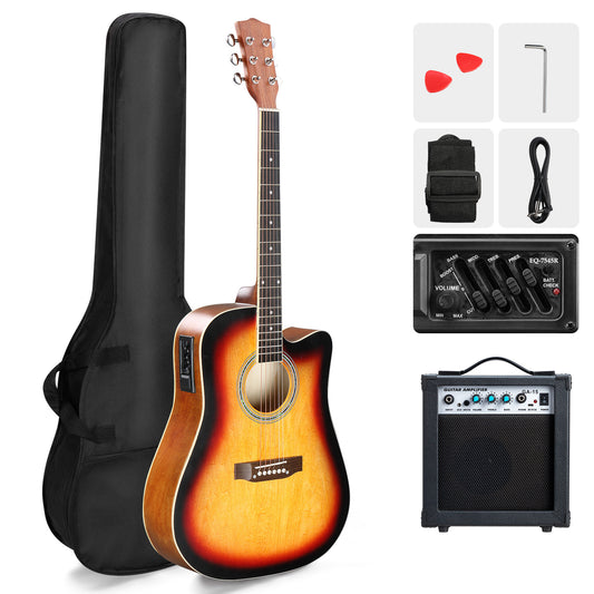 KMA101 41In Basswood Panel Matte Edging Folk Guitar with 10W Amplifier Bag Tuner and other Accessories Sunset