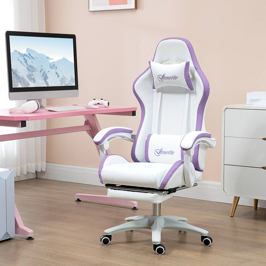 Vinsetto Computer Gaming Chair, PU Leather Office Desk Chair with Footrest, Swivel Wheels, 135Â° Reclining Back, Lumbar Support, Headrest for Home, White and Purple