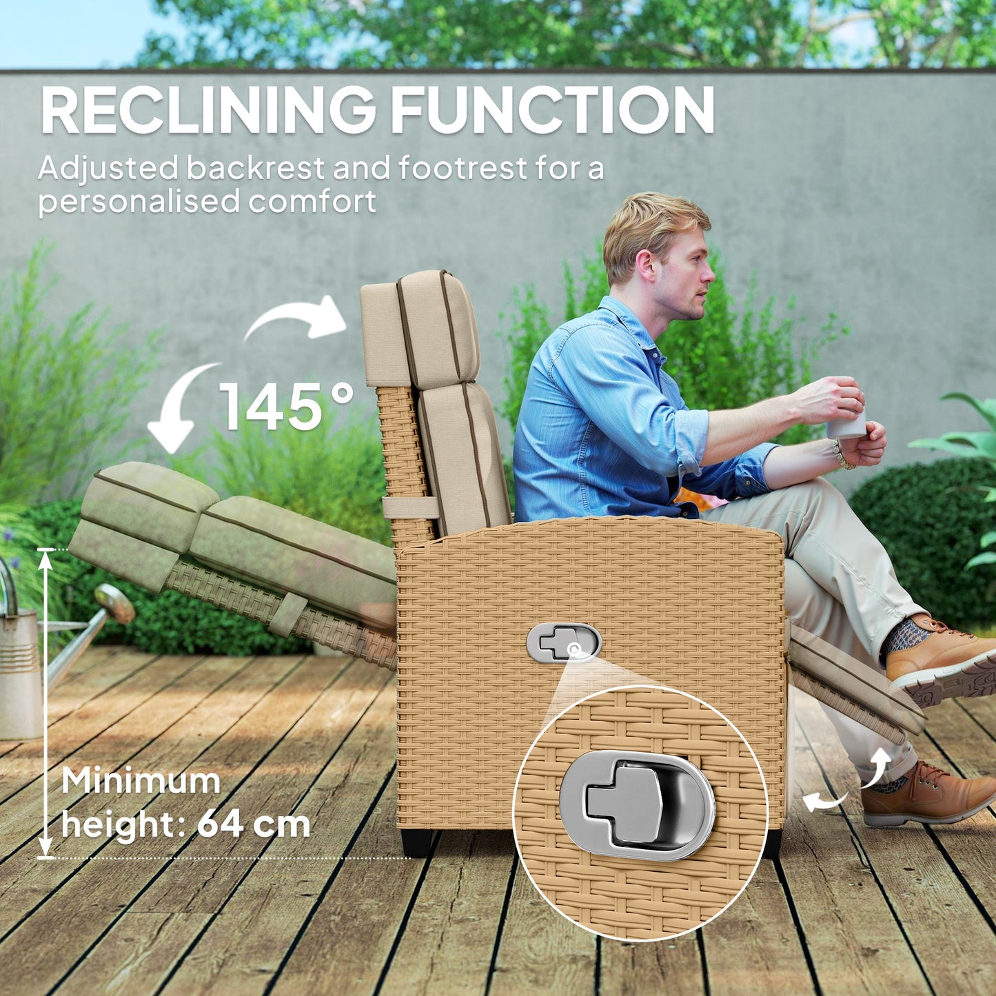 Outsunny 145° Reclining Rattan Armchair, with Footrest - Khaki/Beige
