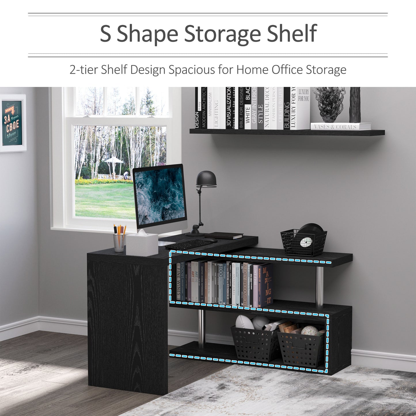 HOMCOM L Shaped Desk with 360Â° Rotating Storage Shelves, Corner Computer Desk, Space Saving Study Table for Home Office, Black