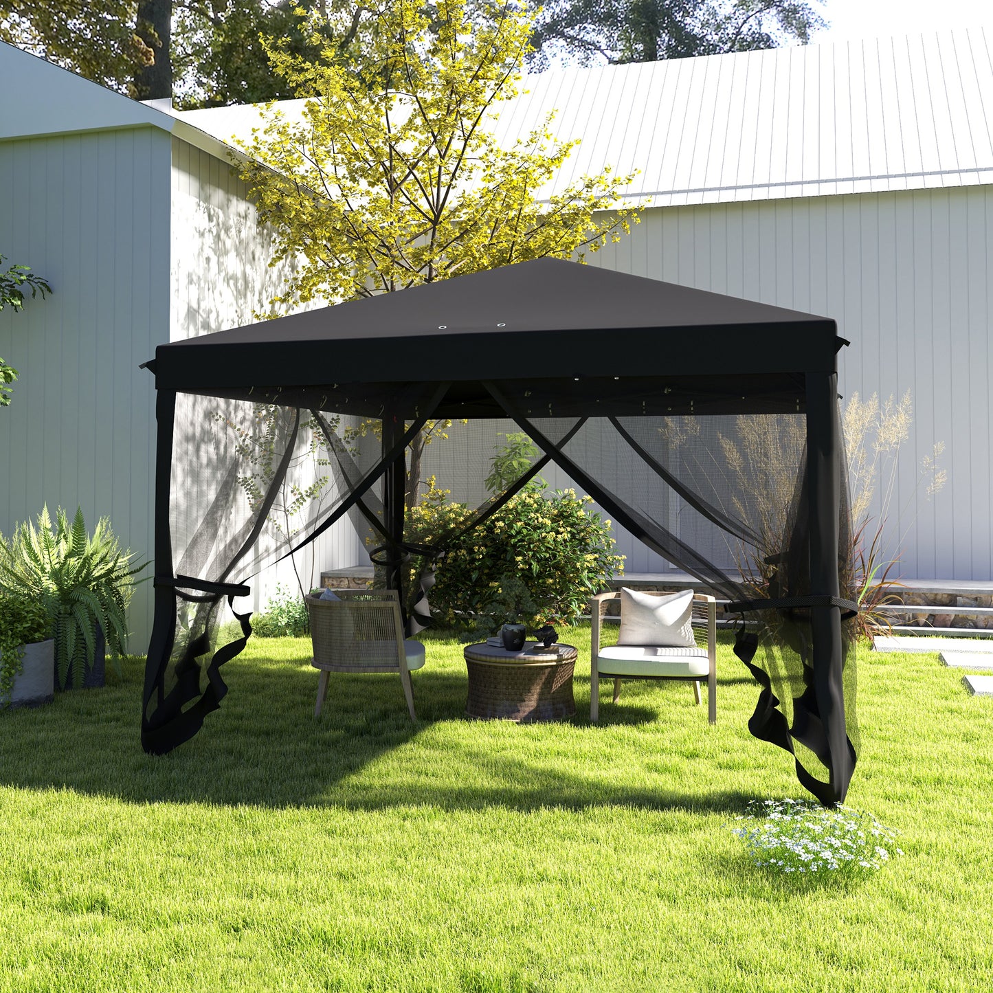 Outsunny 3 x 3Â m Pop Up Gazebo, 420D Garden Tent Canopy with Removable Mesh Sidewall Netting, Carry Bag for Garden Patio Outdoor, Black