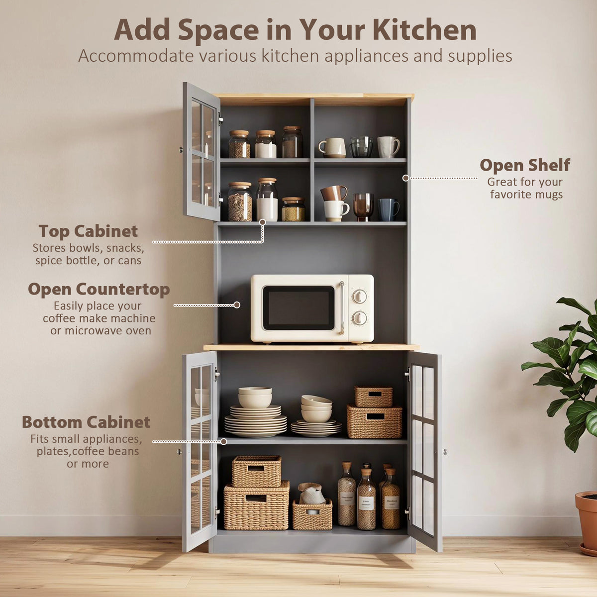 HOMCOM Kitchen Pantry, Buffet Hutch with 3 Storage Cabinets, 2 Open Shelves and Large Countertop for Kitchen, Grey