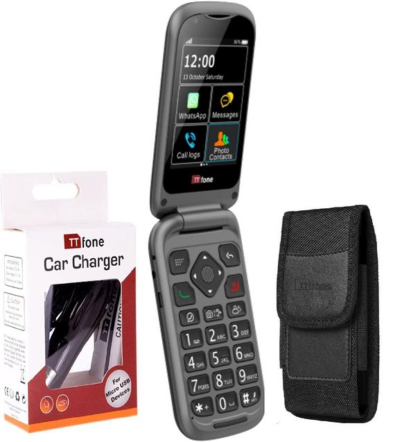 Bundle offer for TTfone TT970 4G WhatsApp Flip Big Button Senior Mobile with Nylon Holster Case (TTCB9) and Car Charger (TTCC), O2 Bundle Pay As You Go