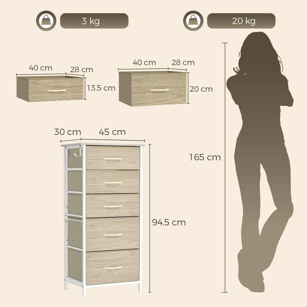 HOMCOM Chest of Drawers, Dresser with 5 Fabric Drawers, Tall Storage Unit with 4 Pockets and 2 Hooks Steel Frame, Natural Wood
