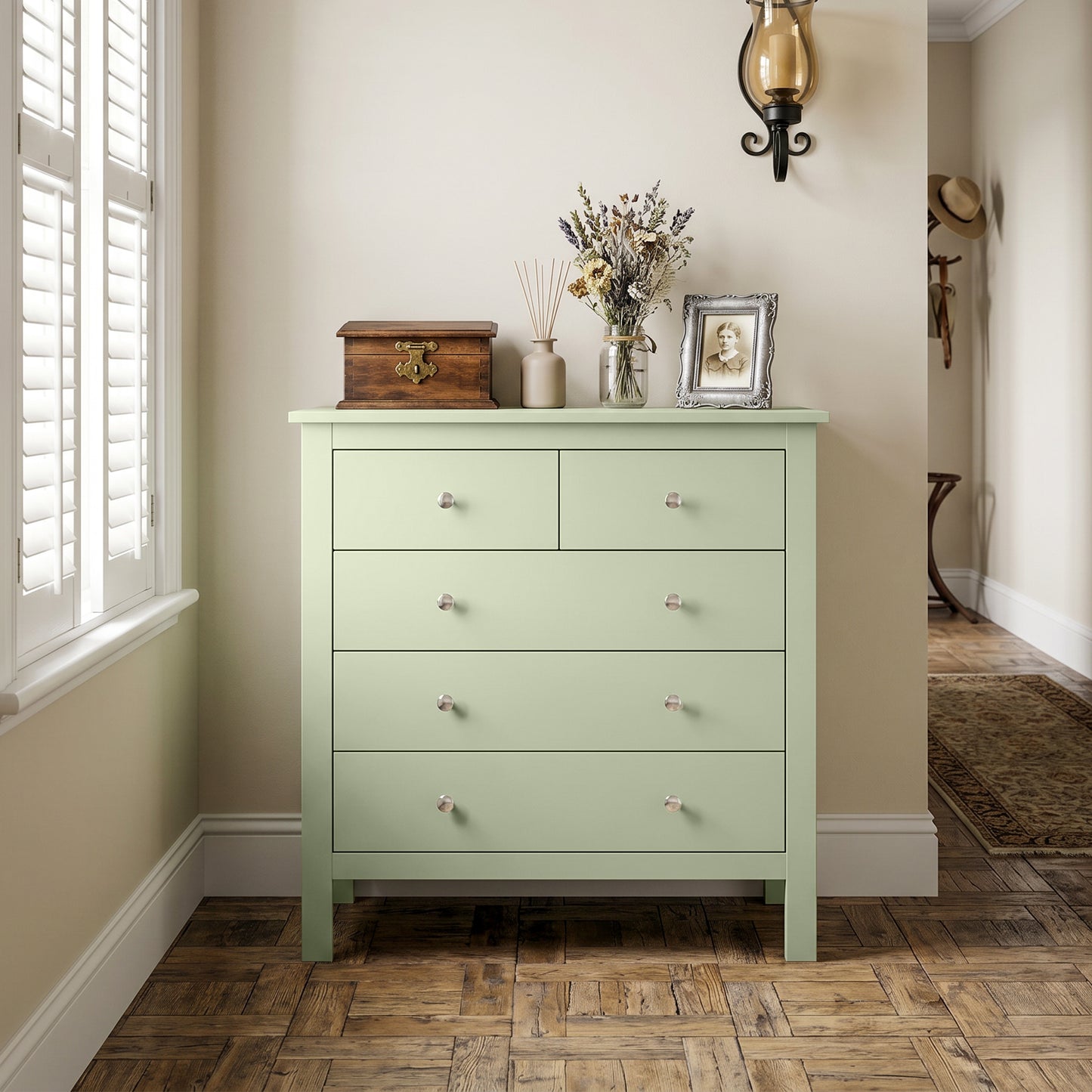HOMCOM 5 Drawer Dresser for Bedroom, Modern Chest of Drawers, Wide Storage Unit for Living Room, Hallway, Sage Green