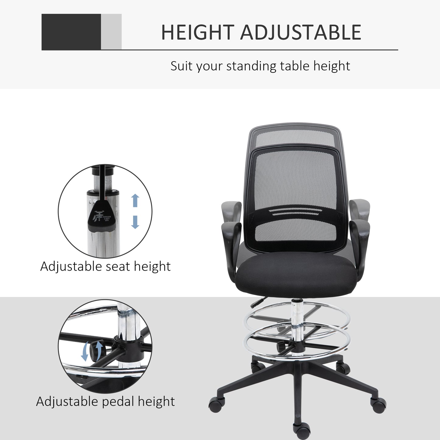 Vinsetto Ergonomic Mesh Back Draughtsman Chair, Tall Standing Desk Chair with Adjustable Height and Footrest 360Â° Swivel, Black