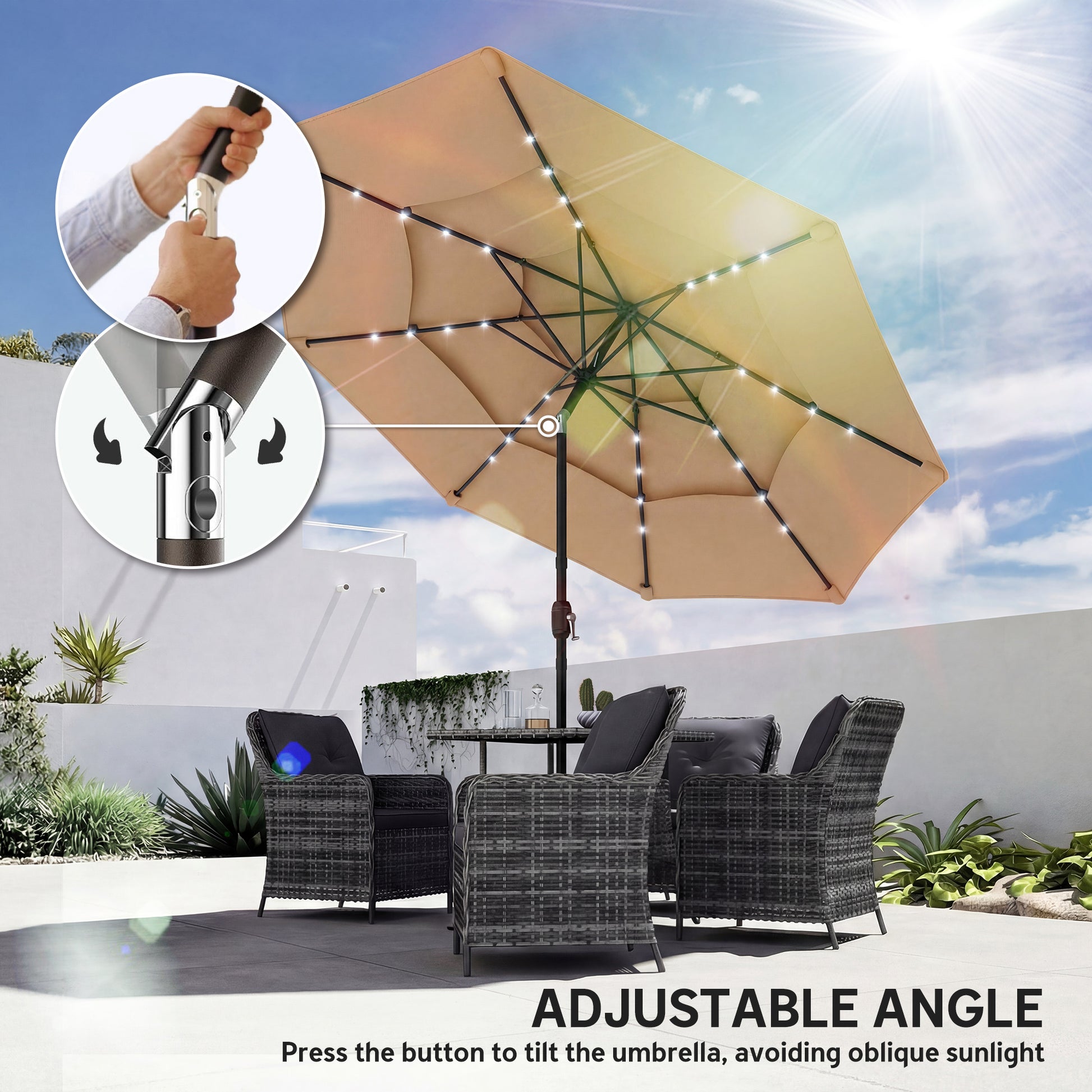 Outsunny 2.8 m Garden Parasol Umbrella with LED Solar Light, Parasol Cover, 3 Tier Outdoor Table Market Patio Umbrella, Khaki
