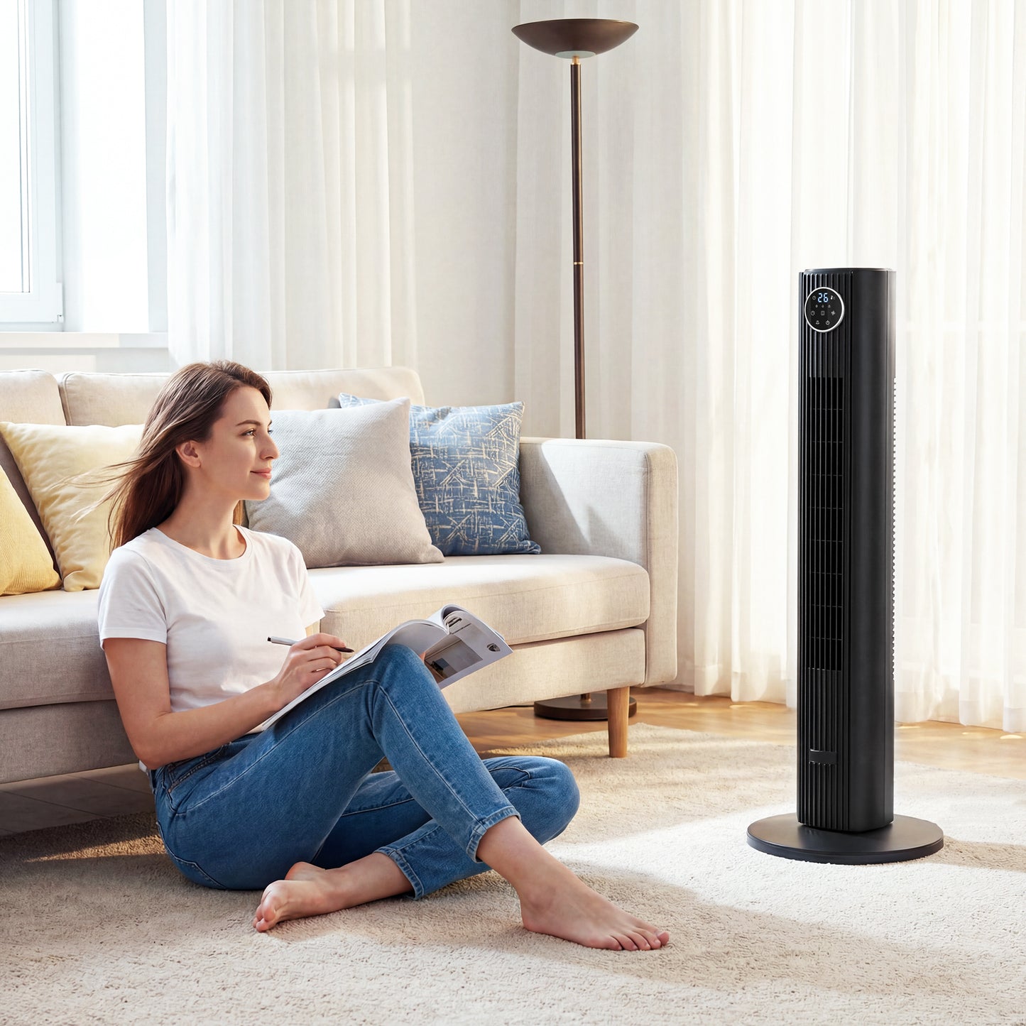 HOMCOM 28dB Tower Fan for Bedroom, 36 inch, 8 m/s Velocity Standing Cooling Fan with 80Â° Oscillating, BLDC Motor, 12 Speeds, LED Display, 4 Modes, 12H Timer, Remote Control, Black